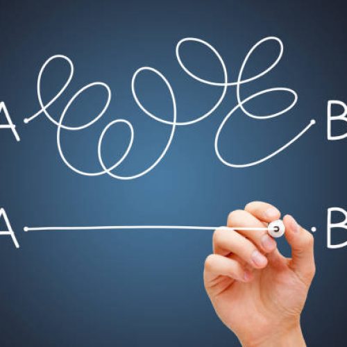 Hand drawing a conceptual diagram about the importance to find the shortest way to go from point A to point B, or a simple solution to a problem.